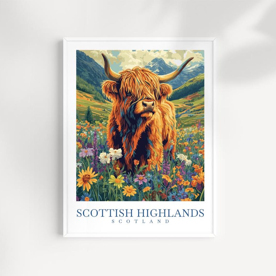 Highland Cow Scottish Highlands Wildflower Meadow Travel Poster
