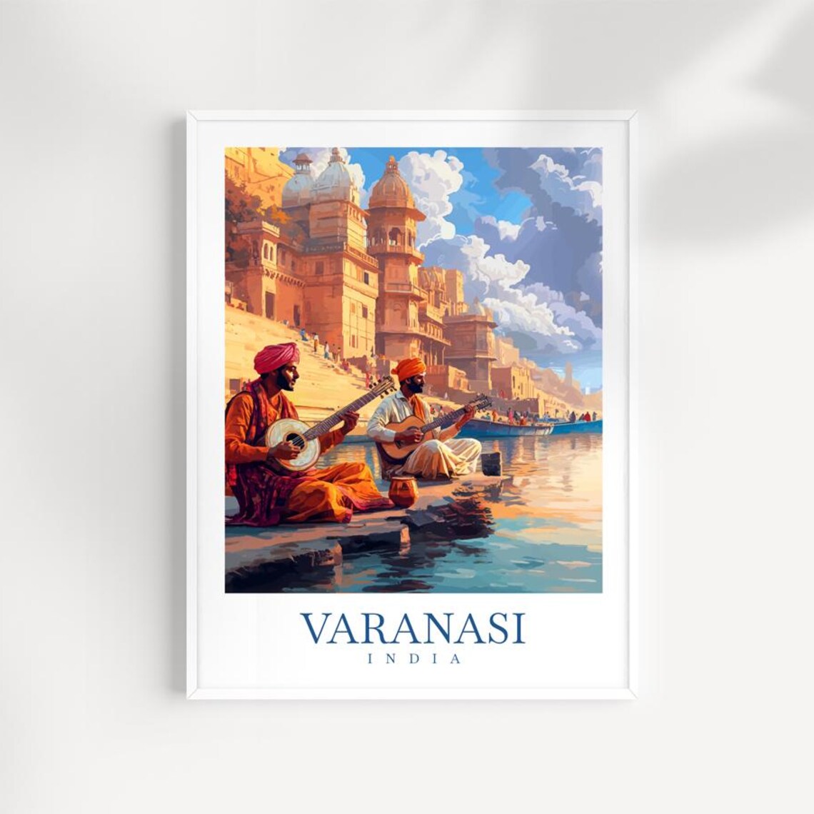 Varanasi India Ganges Musicians Riverfront Vintage Travel Poster