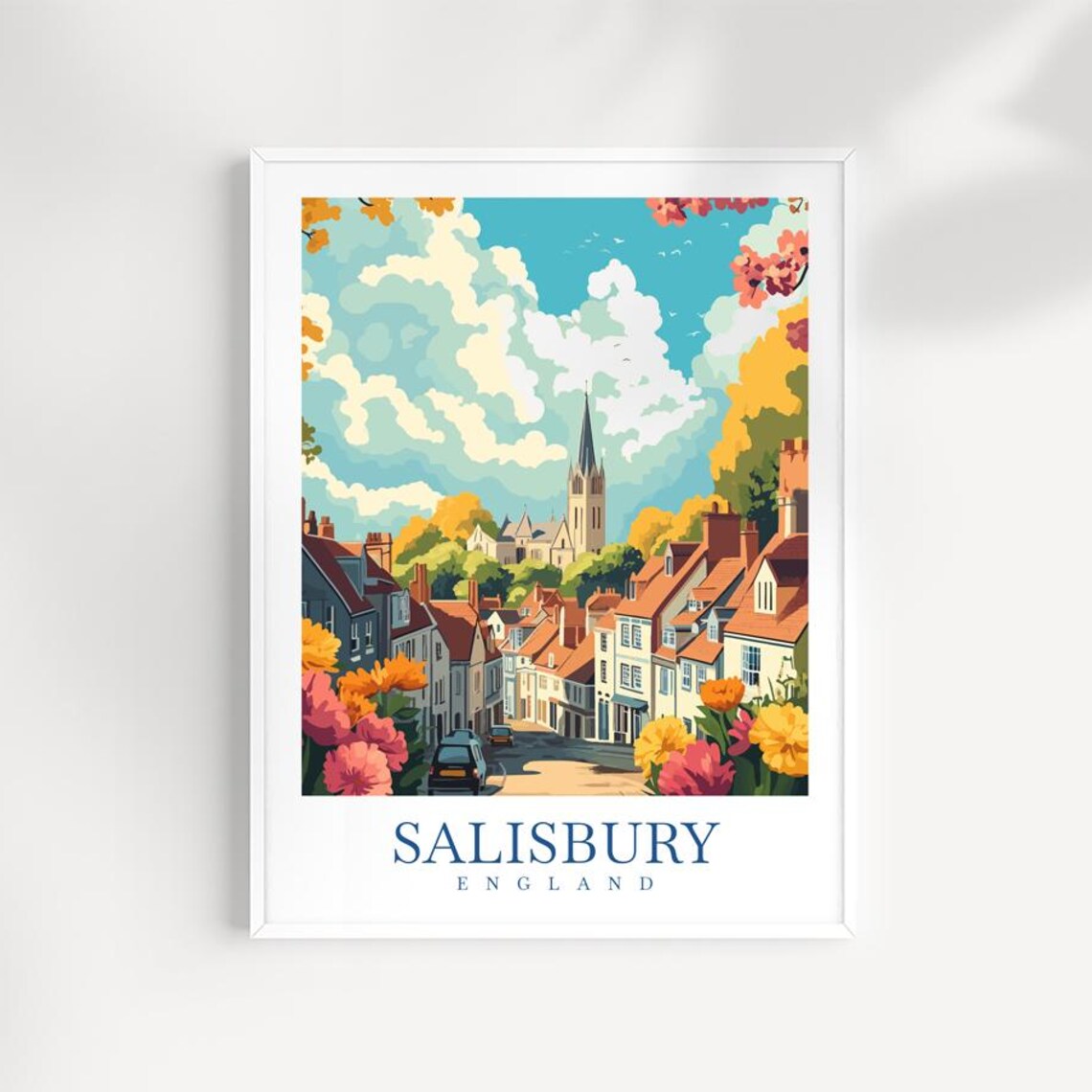 Salisbury England Autumn Cathedral Spire Floral Street Travel Poster