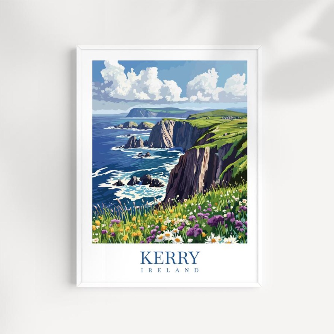 Kerry Ireland Rugged Sea Cliffs Travel Poster With Waves And Wildflowers