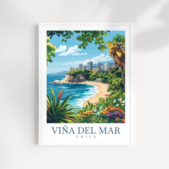 Vina del Mar Chile Coastal City Beach Flowers Illustrated Poster