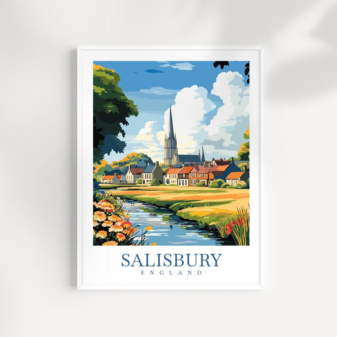 Salisbury England Historic Cathedral Spire Travel Art Poster