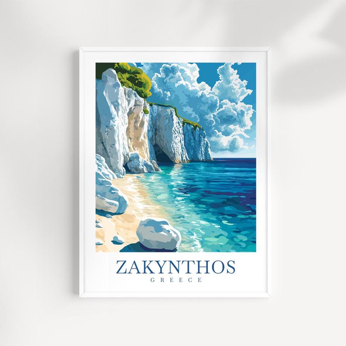 Zakynthos Greece Travel Poster White Cliffs Turquoise Beach Cove Art