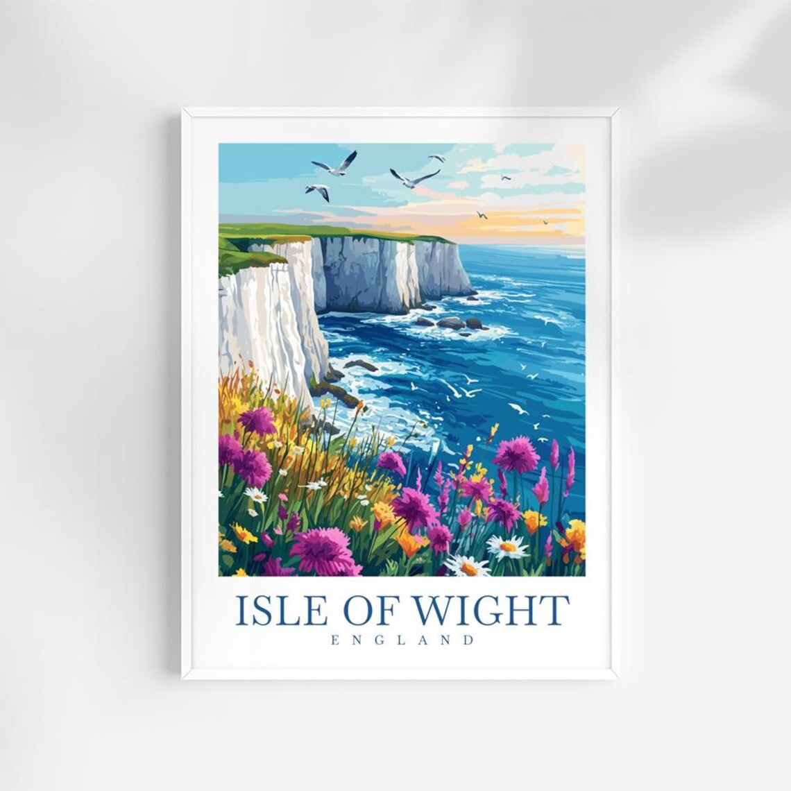 Isle Of Wight England White Chalk Cliffs Wildflowers Seaside Travel Poster