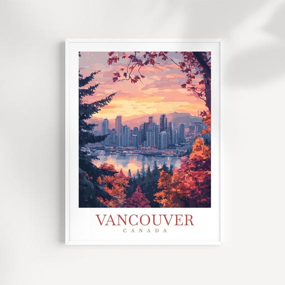 Vancouver Autumn Travel Print Illustrated Wall Art Canada City Poster Fall Skyline Decor Gift