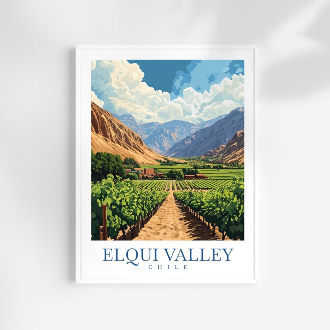 Elqui Valley Chile Vineyard Mountain Illustrated Travel Poster