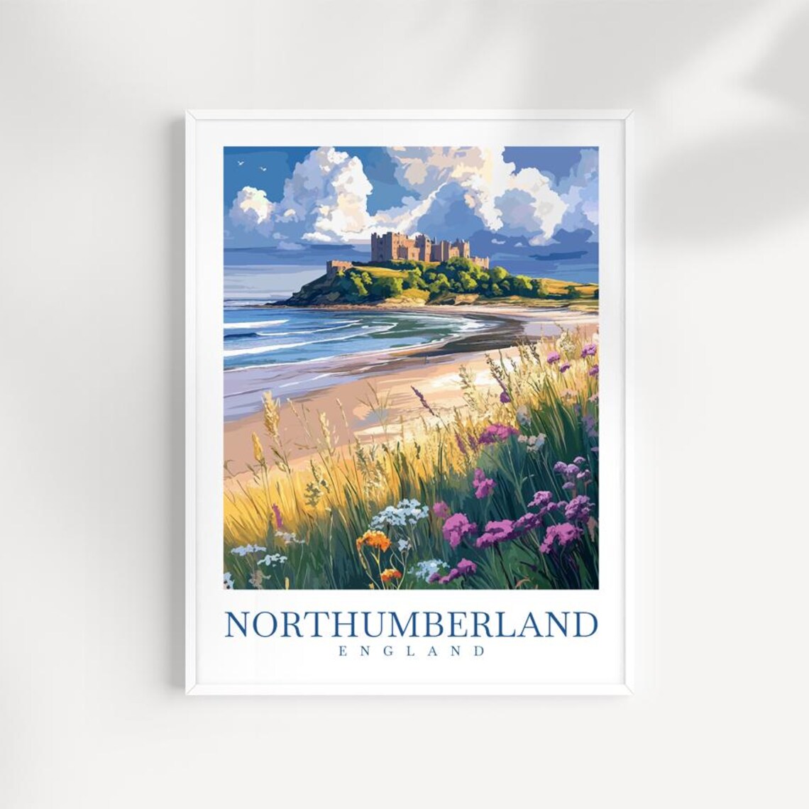 Northumberland England Castle Coast Beach Illustrated Travel Poster