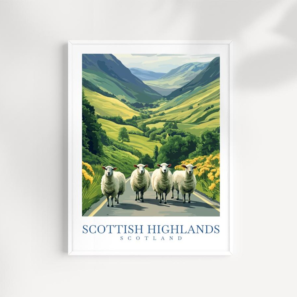 Scottish Highlands Sheep on the Road Illustrated Travel Poster