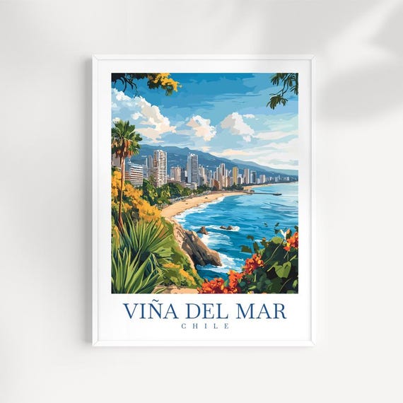 Via Del Mar Chile Print Illustrated Coastal City Travel Poster