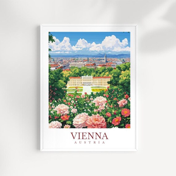 Vienna Austria Travel Print Illustrated Cityscape Wall Art Featuring Schnbrunn Palace European Decor