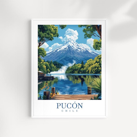 Pucon Chile Villarrica Volcano Lake Dock Scene Illustrated Poster