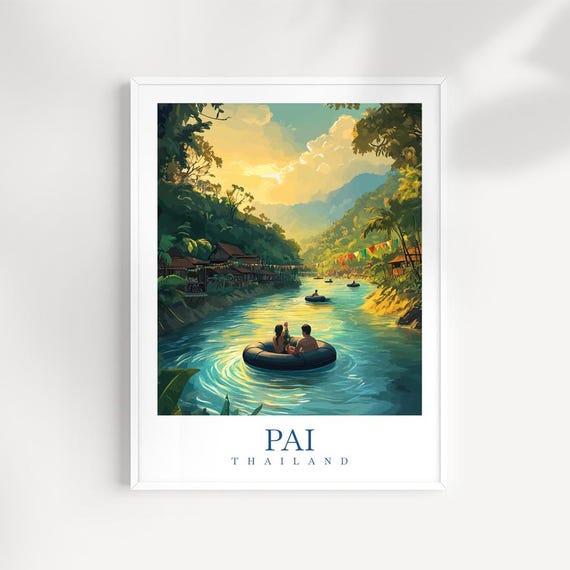 Pai Thailand River Print Boho Travel Illustration