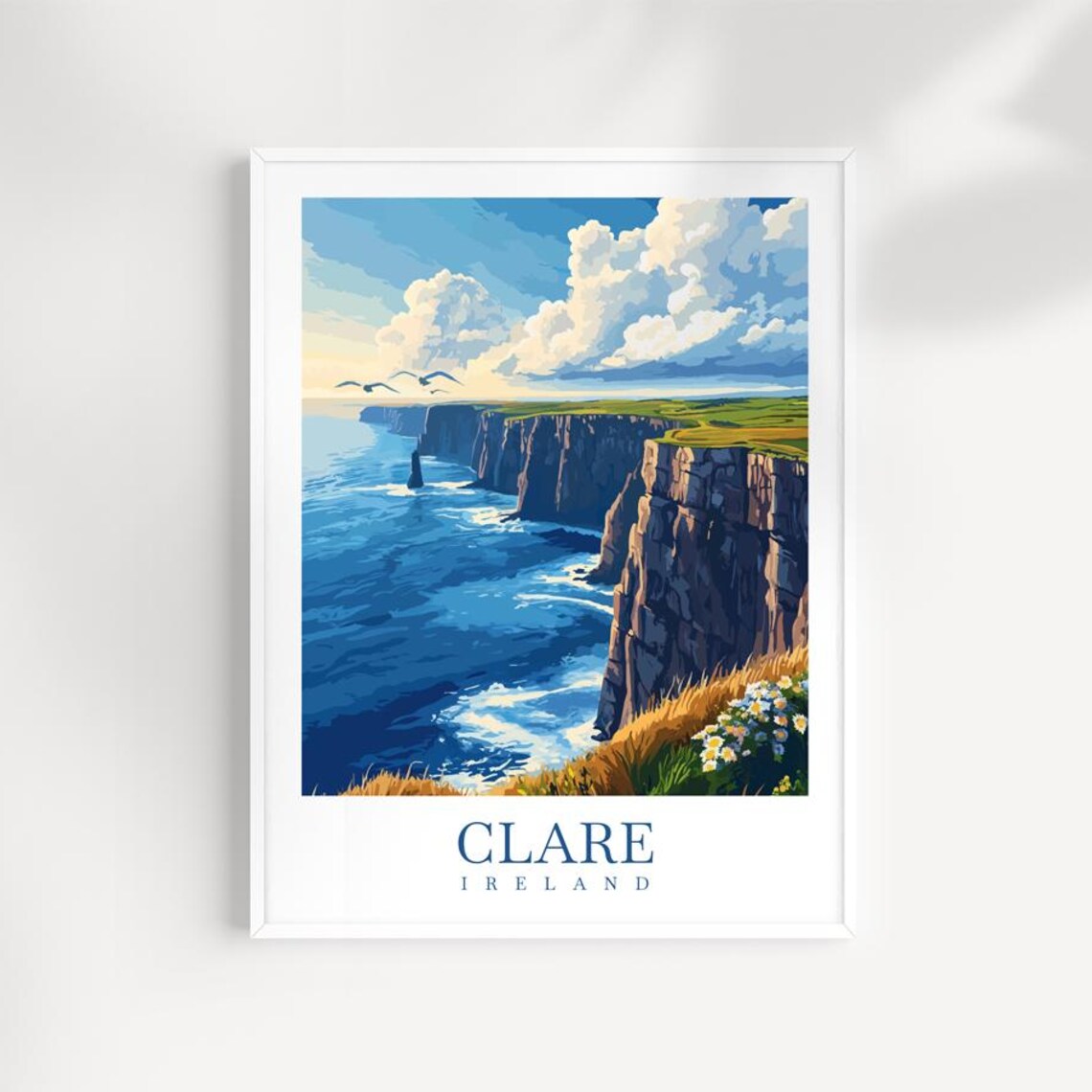 Clare Ireland Cliffs of Moher Seabirds Ocean Vintage Travel Poster