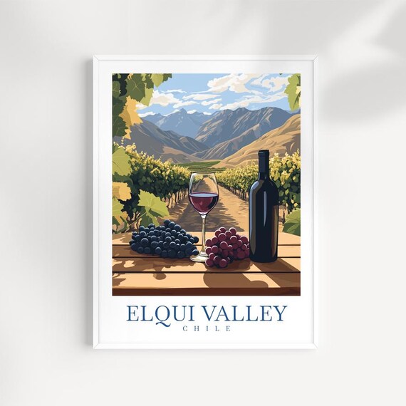 Elqui Valley Chile Vineyard Wine Bottle Grapes Illustrated Poster