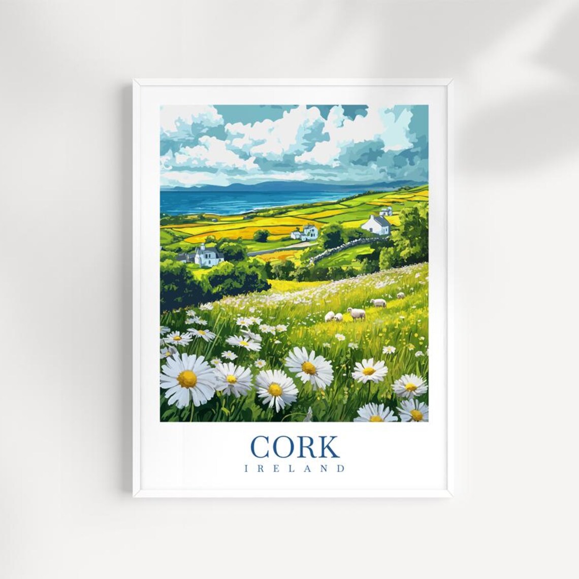 County Cork Ireland Cottage And Sheep Meadow Travel Poster With Daisies