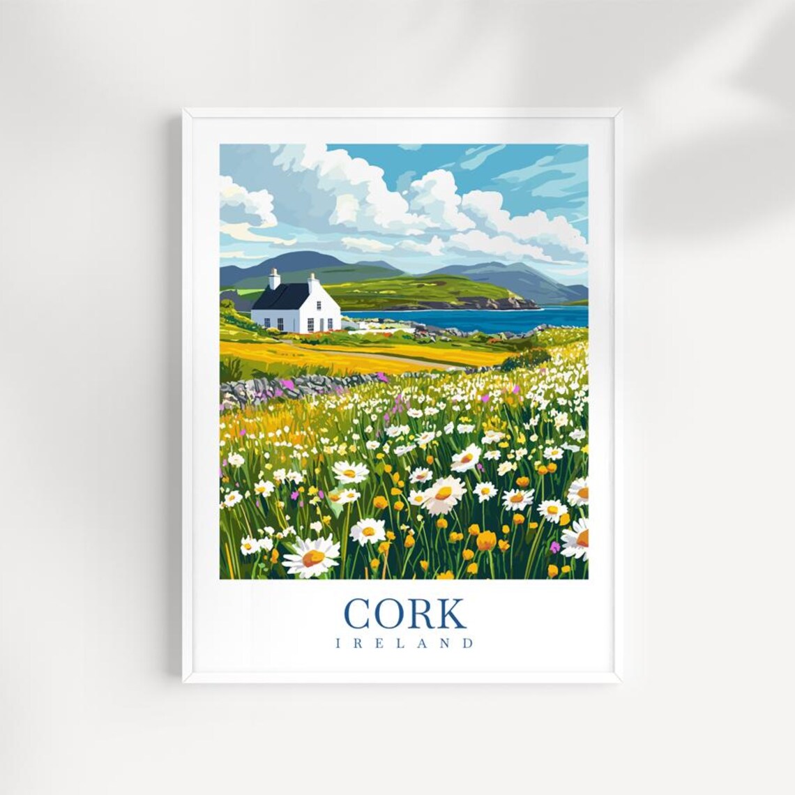 Cork Ireland White Cottage By The Sea Travel Poster Daisy Meadow