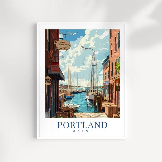 Portland Maine Art Print Coastal New England Harbor Illustration
