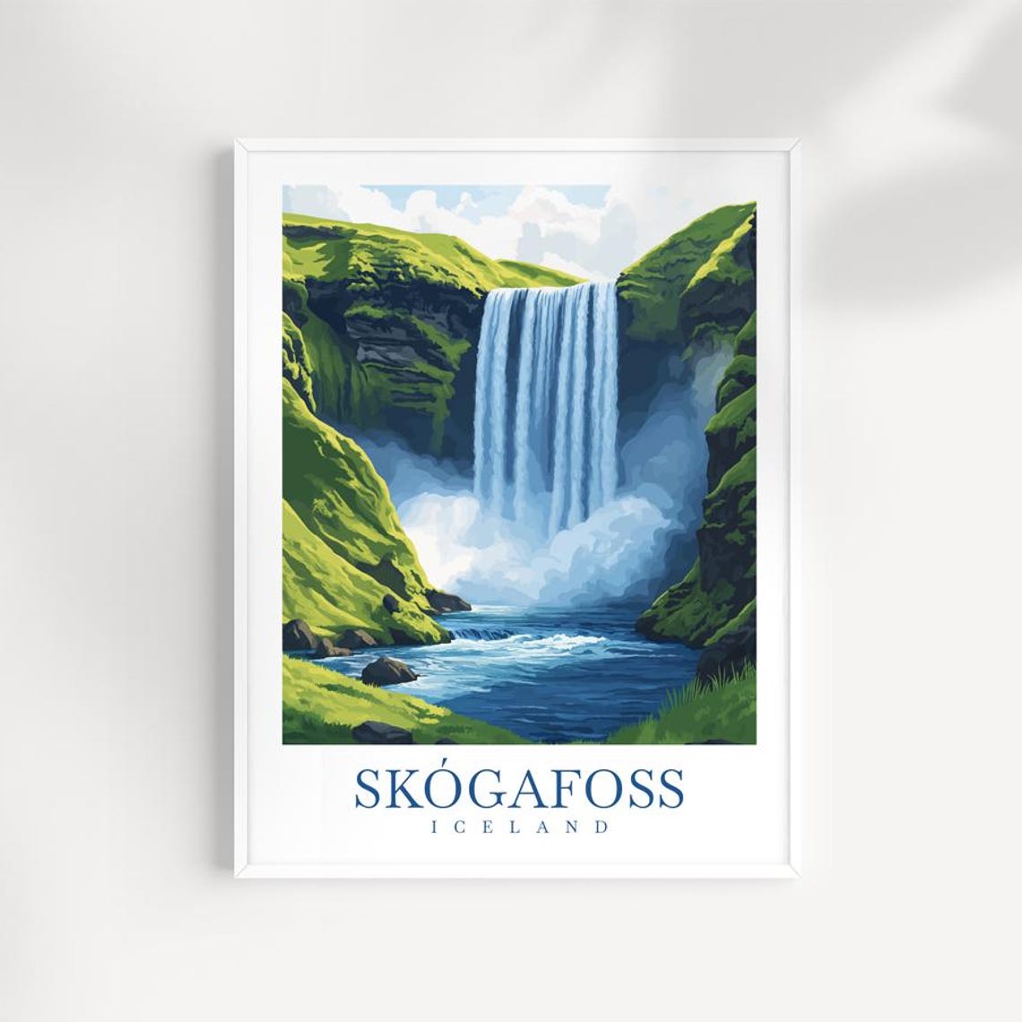 Skogafoss Iceland Waterfall Green Cliffs Nordic Travel Poster