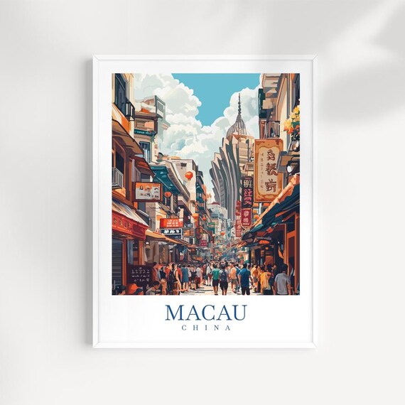 Macau China Travel Print Illustrated Cityscape Asian Architecture Art