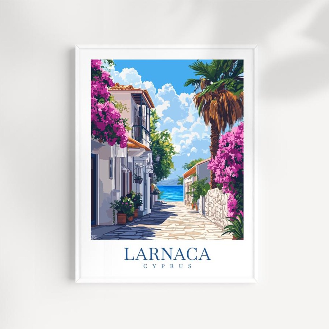 Larnaca Cyprus Coastal Old Town Street Bougainvillea Travel Poster