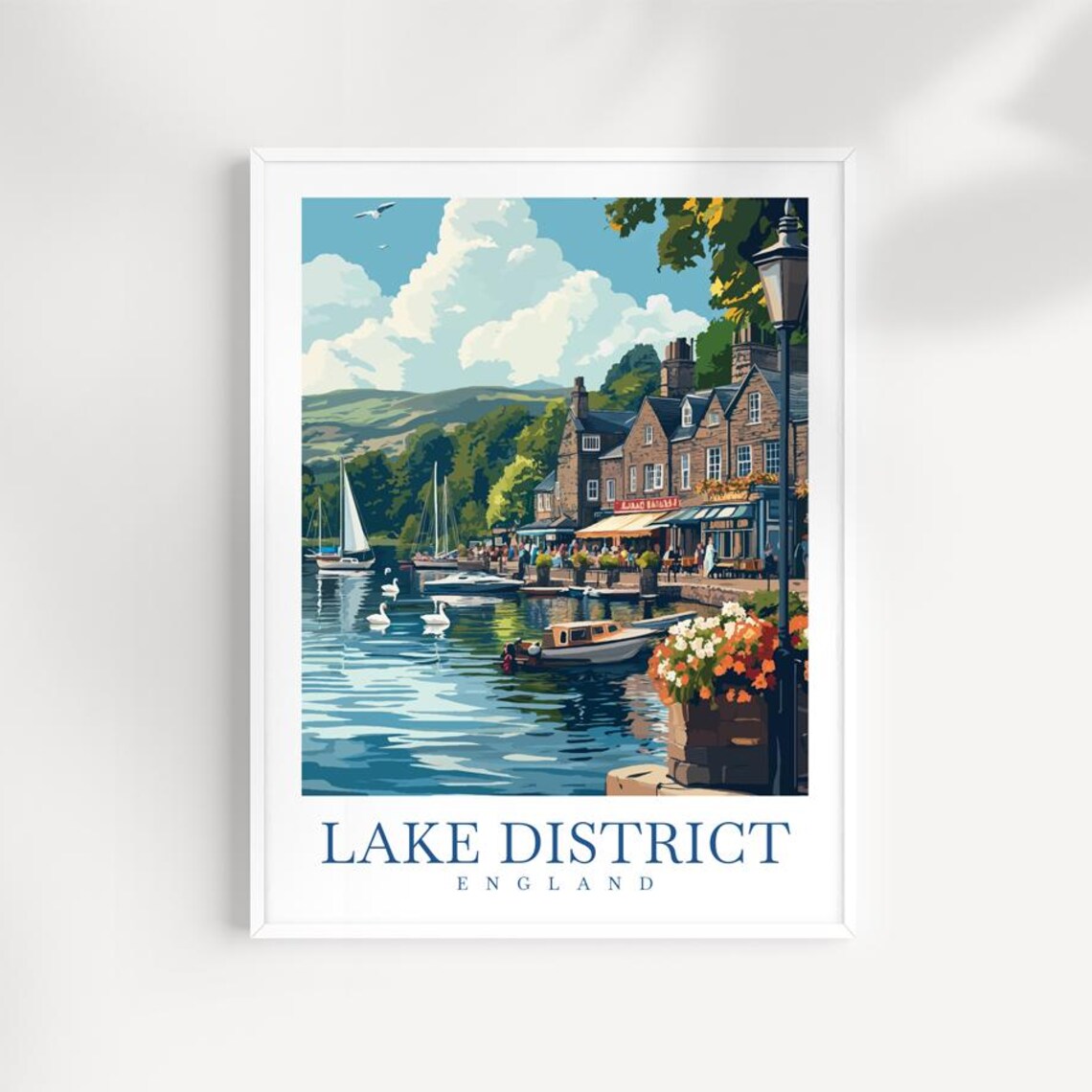 Lake District England Travel Poster with Sailboats and Lakeside Village