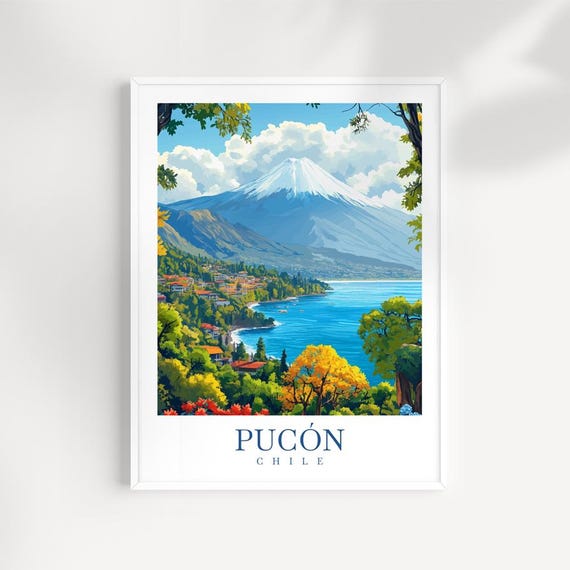 Pucn Chile Print Volcano Lake Landscape South America Travel Art
