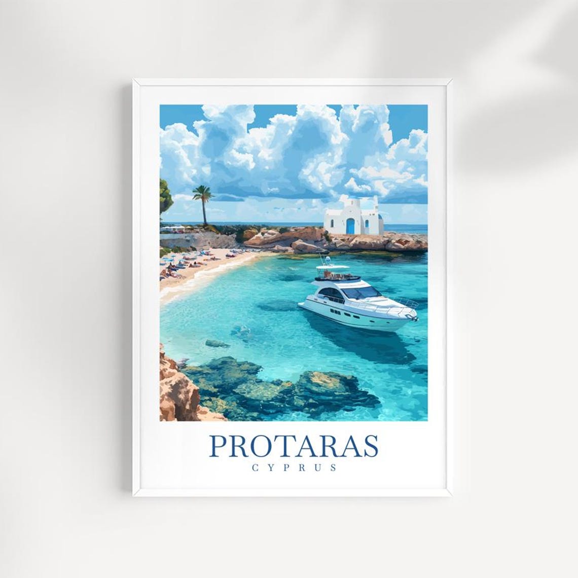 Protaras Cyprus Whitewashed Chapel Turquoise Coast Travel Poster
