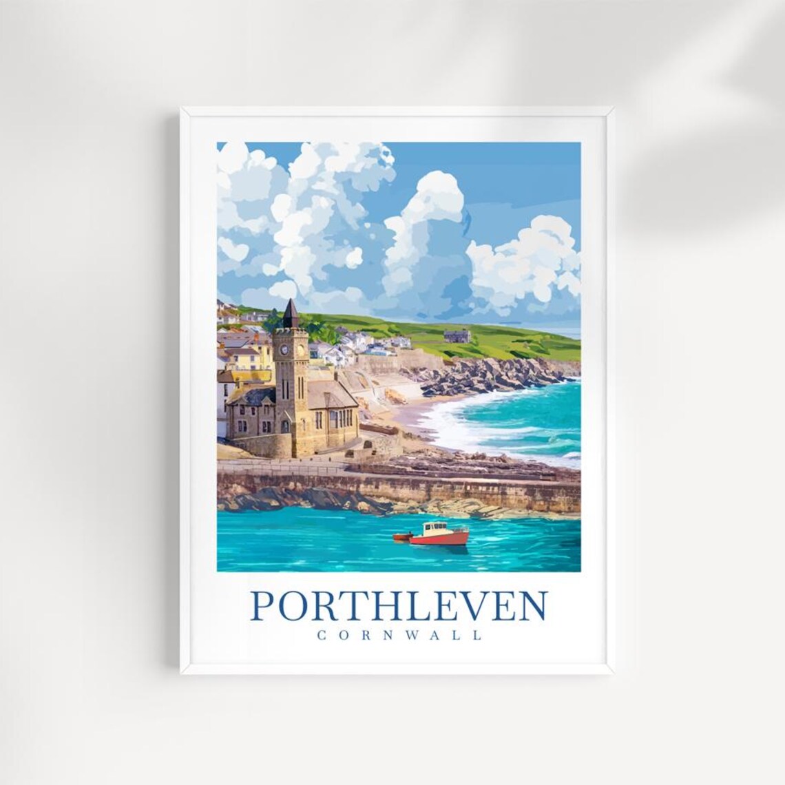 Porthleven Cornwall Harbor Church Fishing Boat Coastal Travel Poster