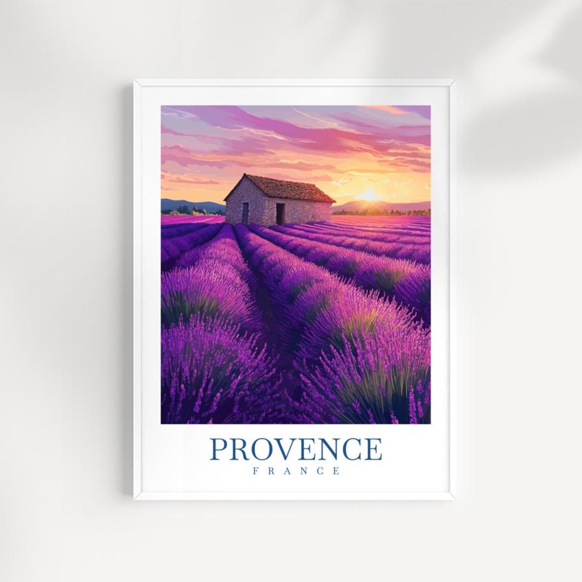 Provence France Lavender Field Sunset Stone Hut Illustrated Travel Poster