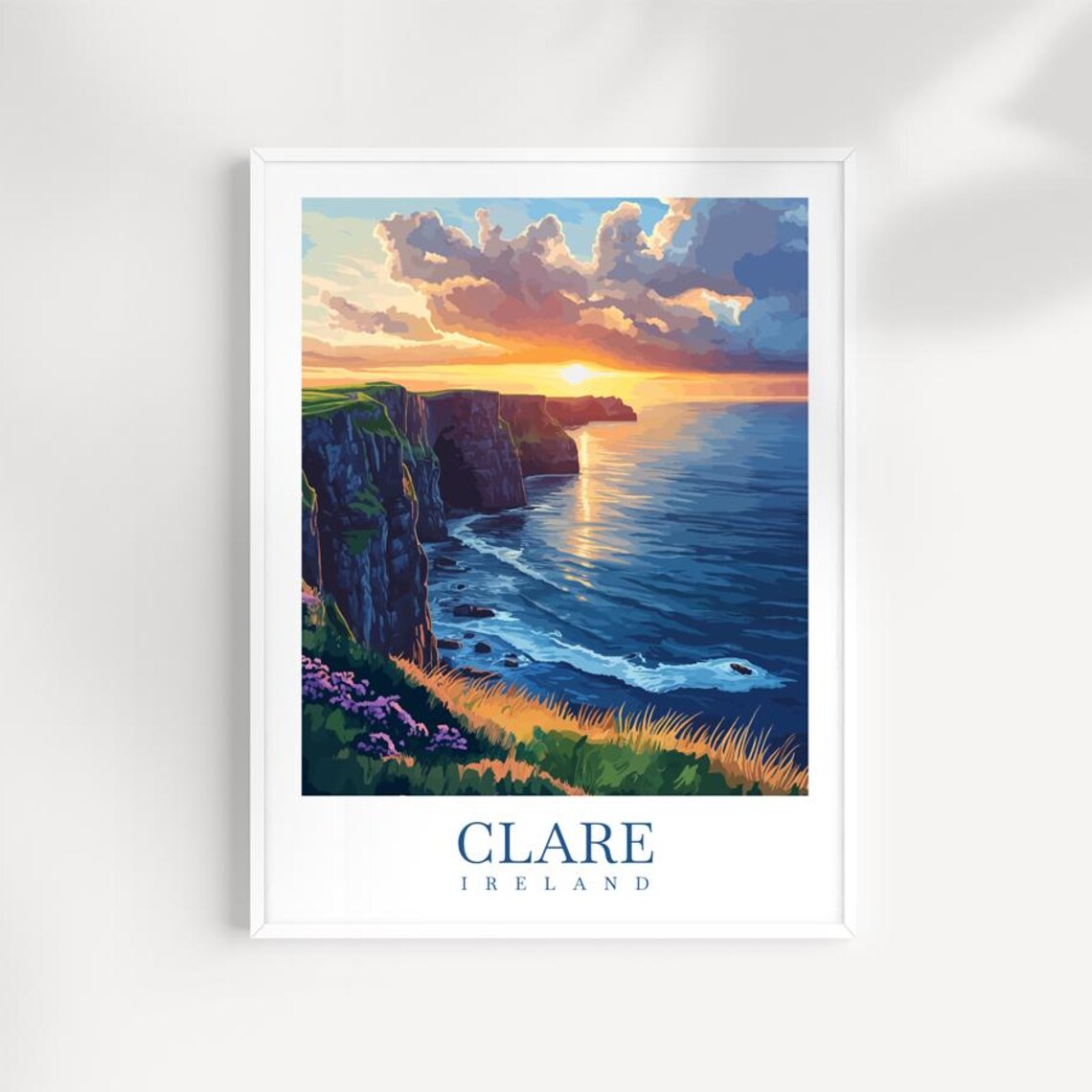 County Clare Ireland Cliffs At Sunset Travel Poster Over Atlantic Ocean