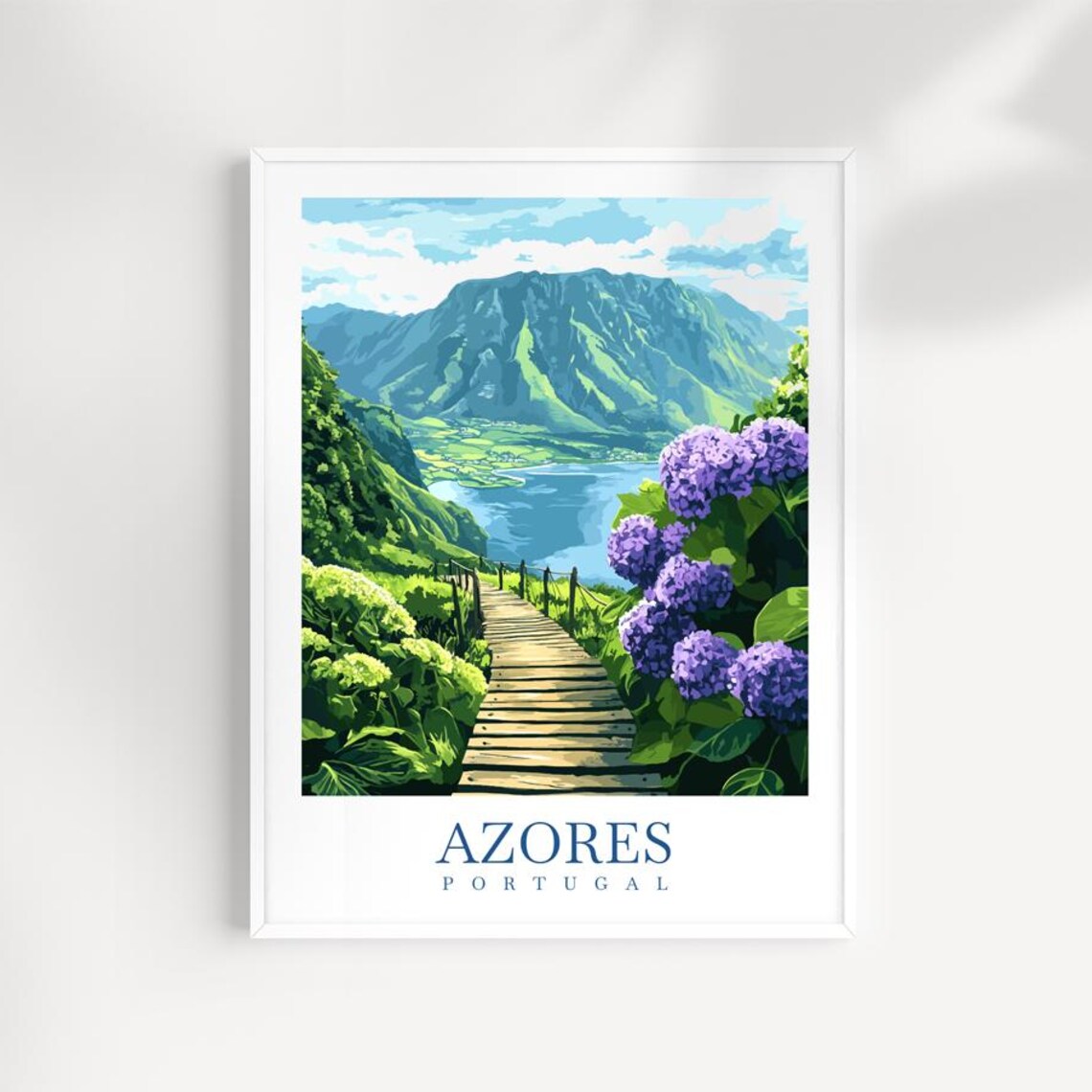 Azores Portugal Volcanic Crater Lake Hydrangea Boardwalk Travel Poster