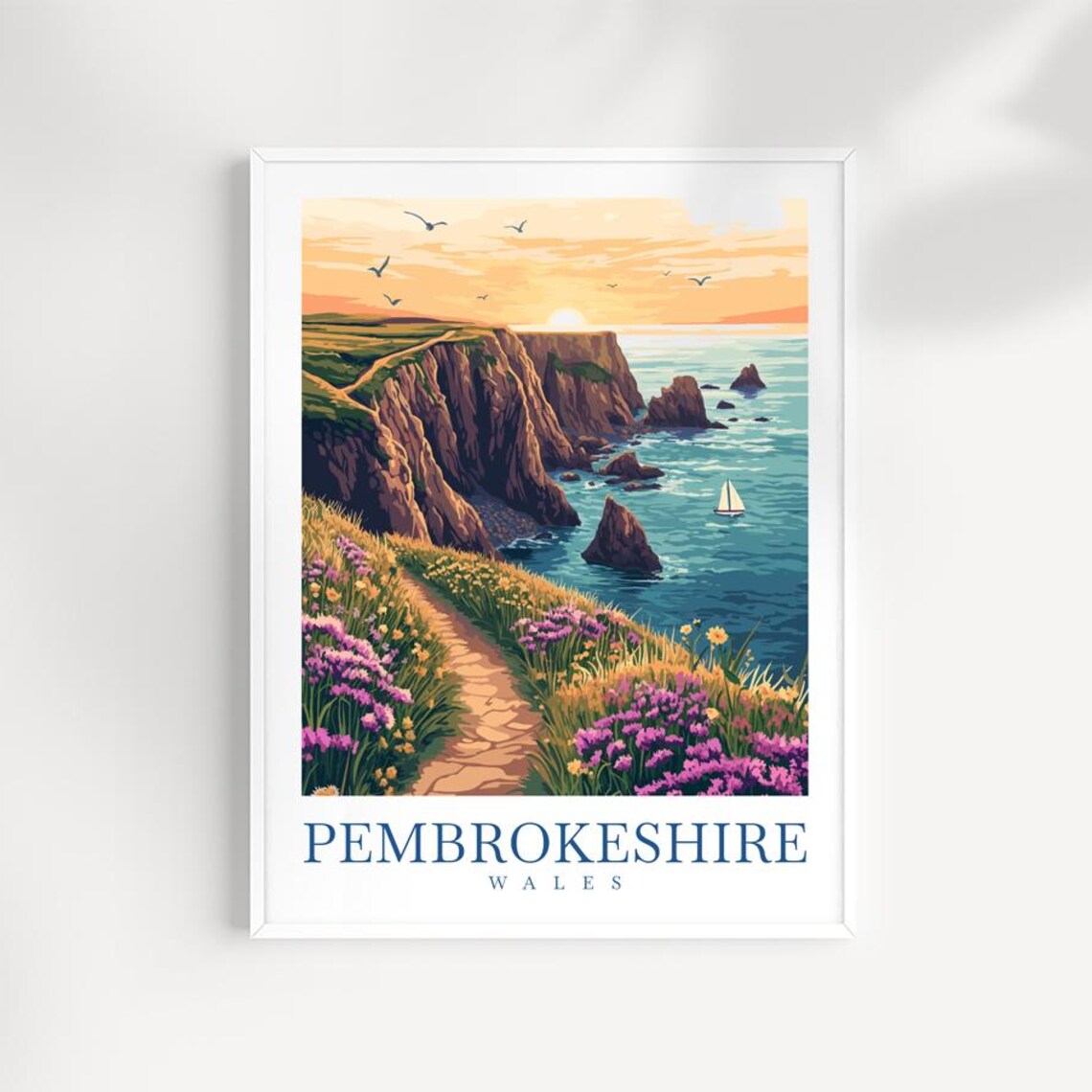 Pembrokeshire Wales Sunset Coastal Path Heather Sea Cliffs Travel Poster