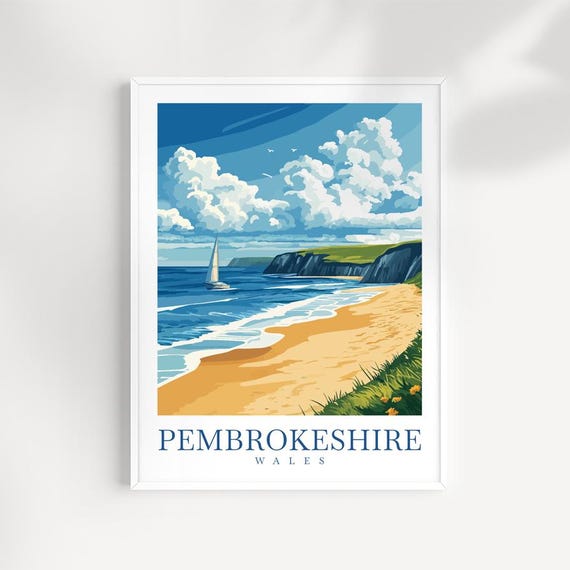 Pembrokeshire Wales Wall Art Print Coastal Landscape Illustration Welsh Seaside Poster Nature Travel Decor