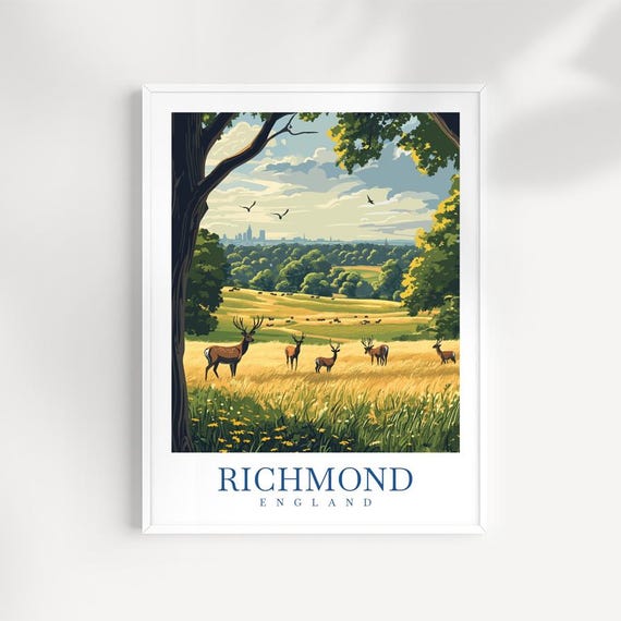 Richmond England Wall Art Print Riverside Town Illustration Park Landscape Poster British Travel Decor
