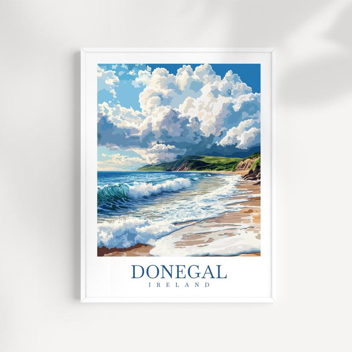Donegal Ireland Surf Beach Travel Poster With Big Waves And Clouds