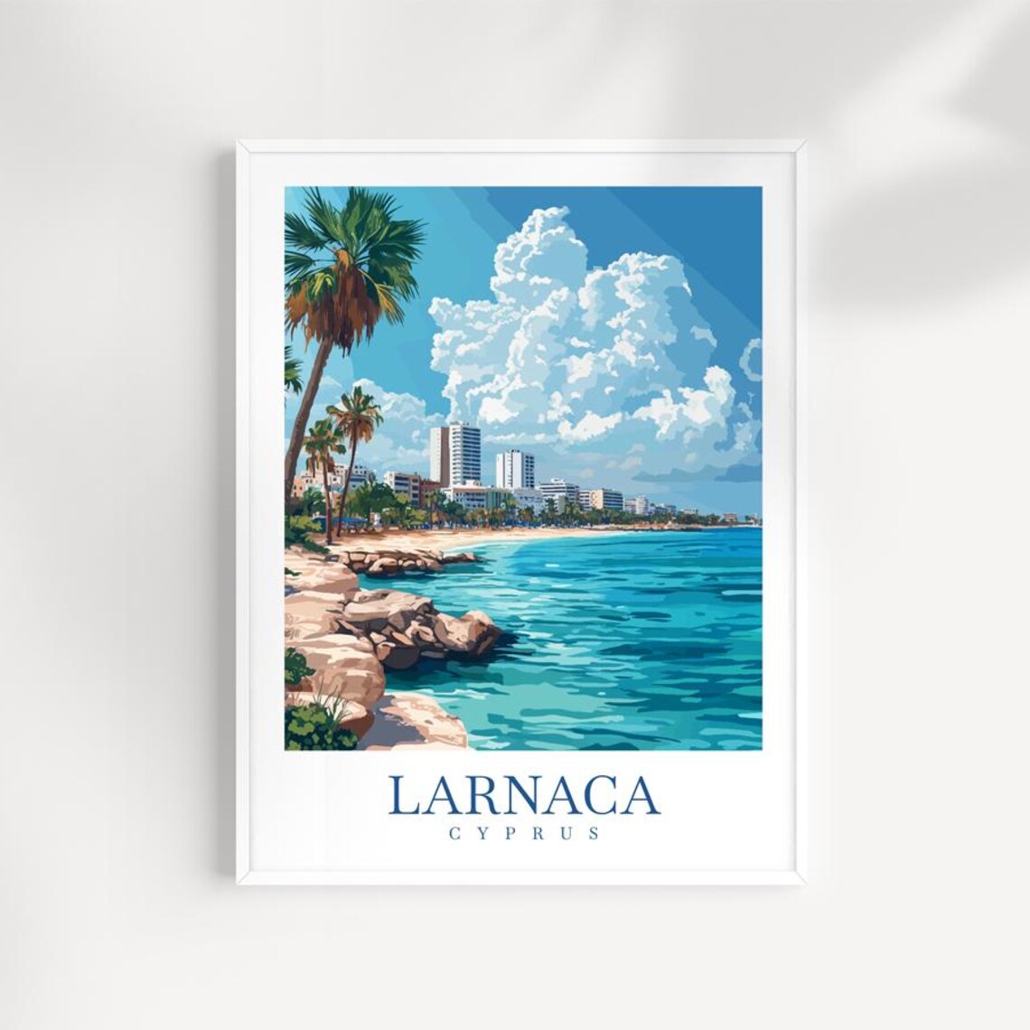 Larnaca Cyprus Rocky Coast City Skyline Turquoise Sea Travel Poster