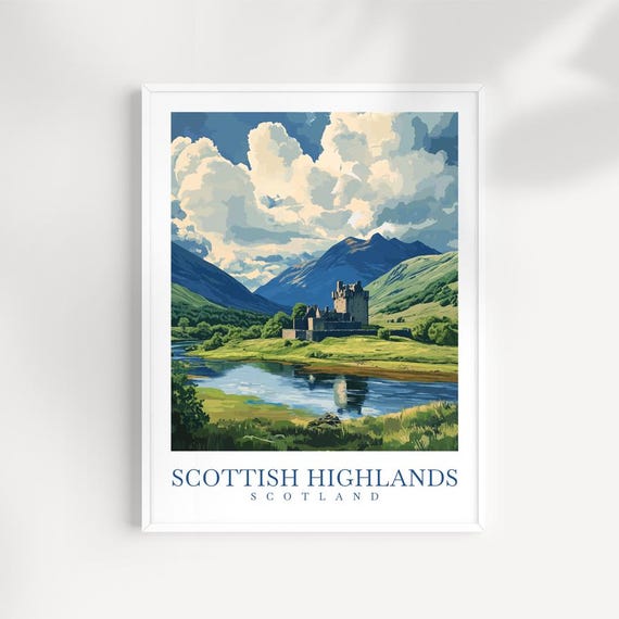 Scottish Highlands Art Print Scotland Travel Poster Nature Illustration