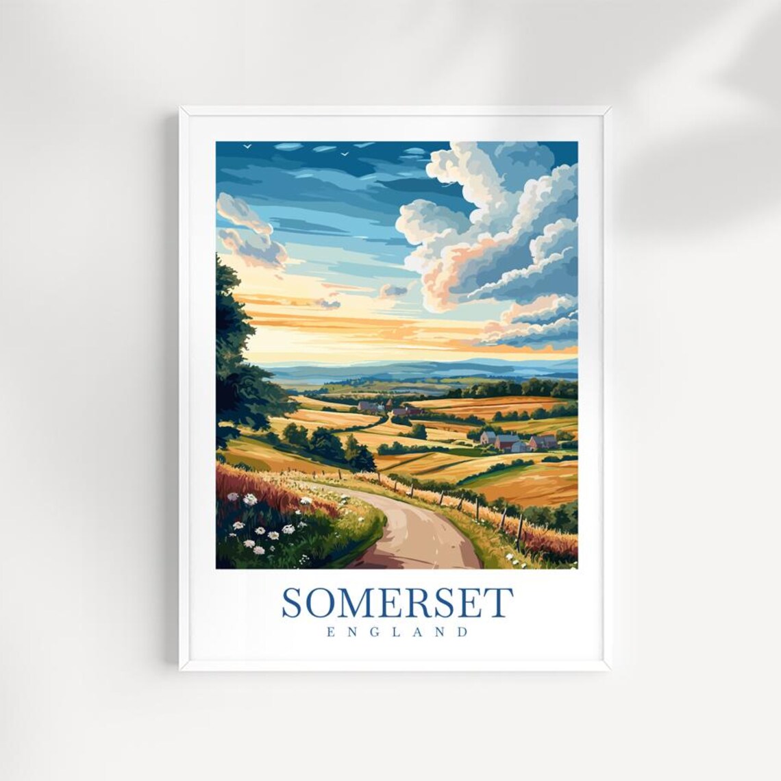 Somerset England Rolling Hills Country Lane Sunset Travel Poster