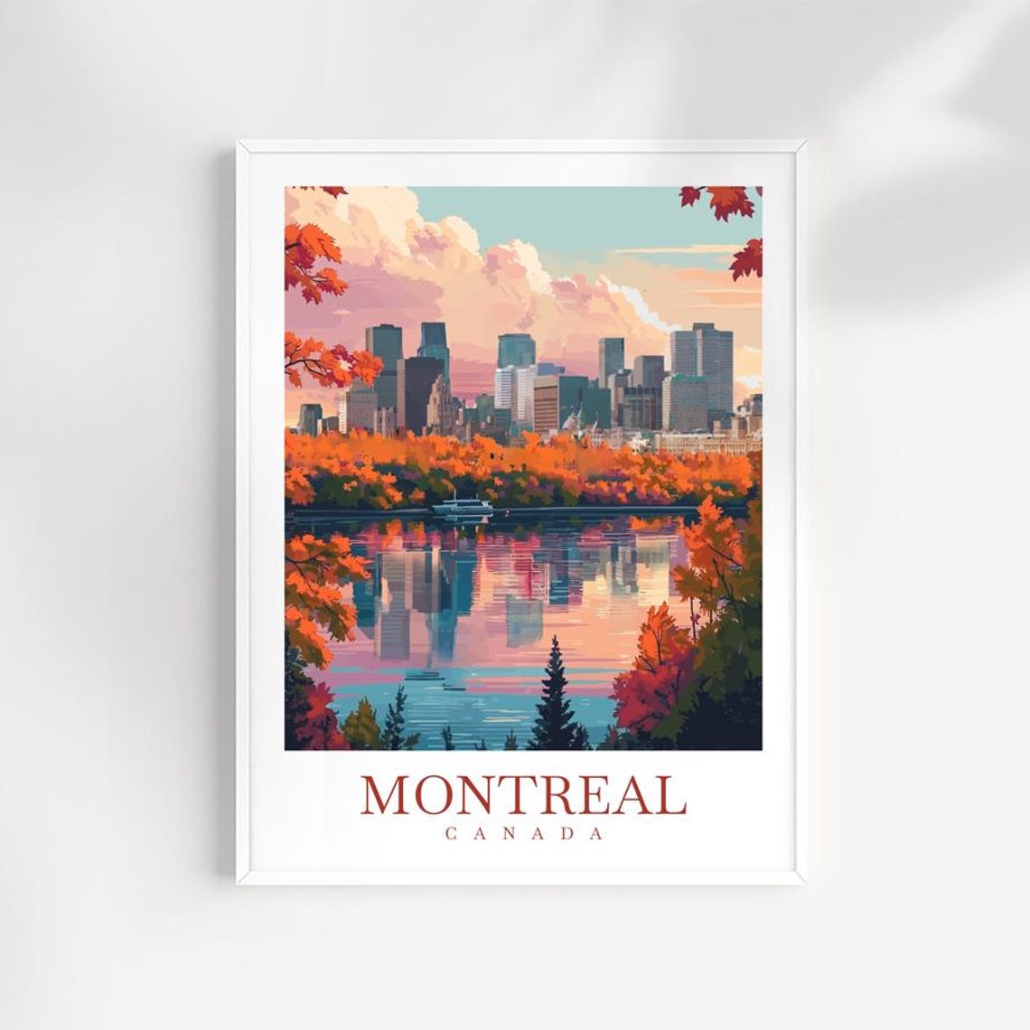 Montreal Canada Pink Sunset Skyline Over Water Reflection Poster