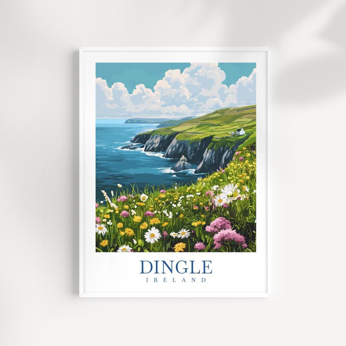 Dingle Ireland Coastal Cliffs Travel Poster With Wildflowers And Ocean View