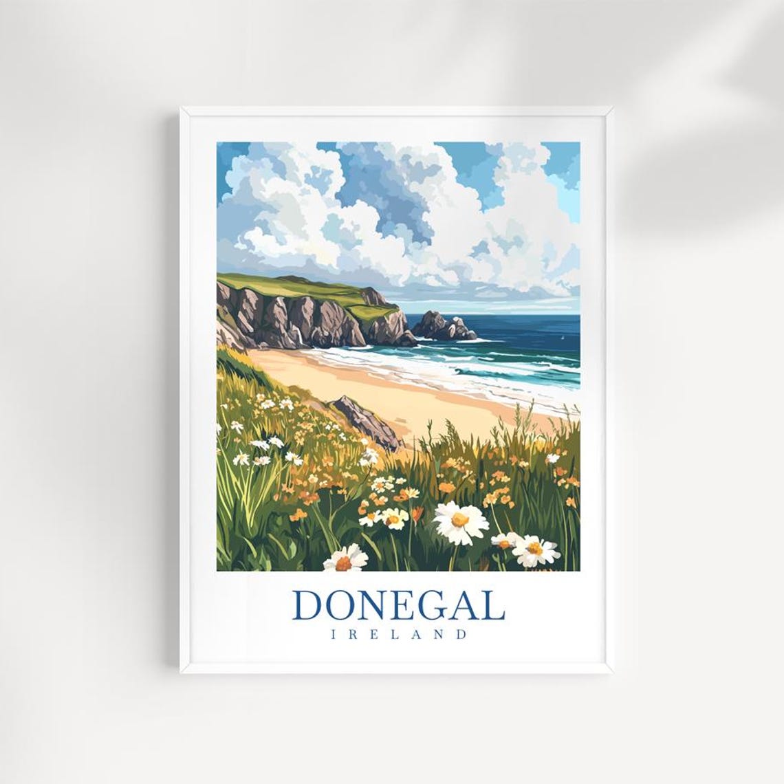 Donegal Ireland Beach With Daisies And Cliffs Summer Travel Poster