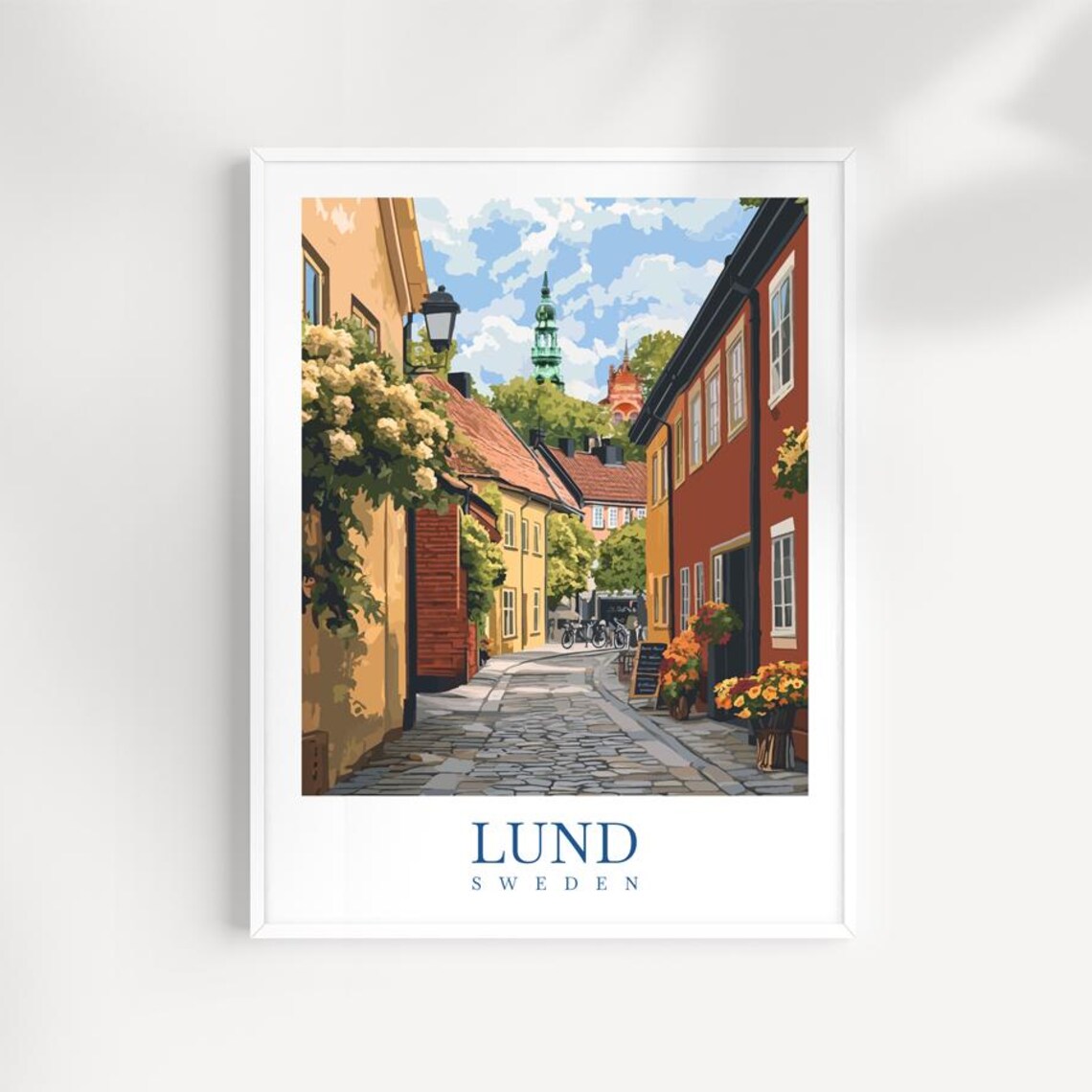Lund Sweden Cobblestone Old Town Street Church Tower Travel Poster