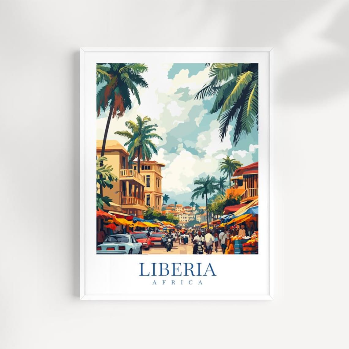 Liberia West Africa Palm Street Market Scene Tropical Travel Poster