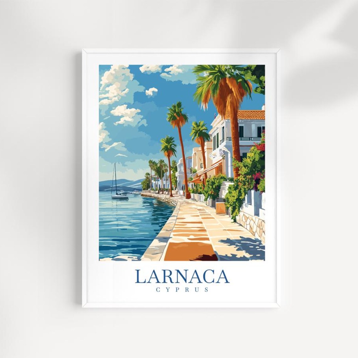 Larnaca Cyprus Palm Promenade Sailboat Mediterranean Travel Poster