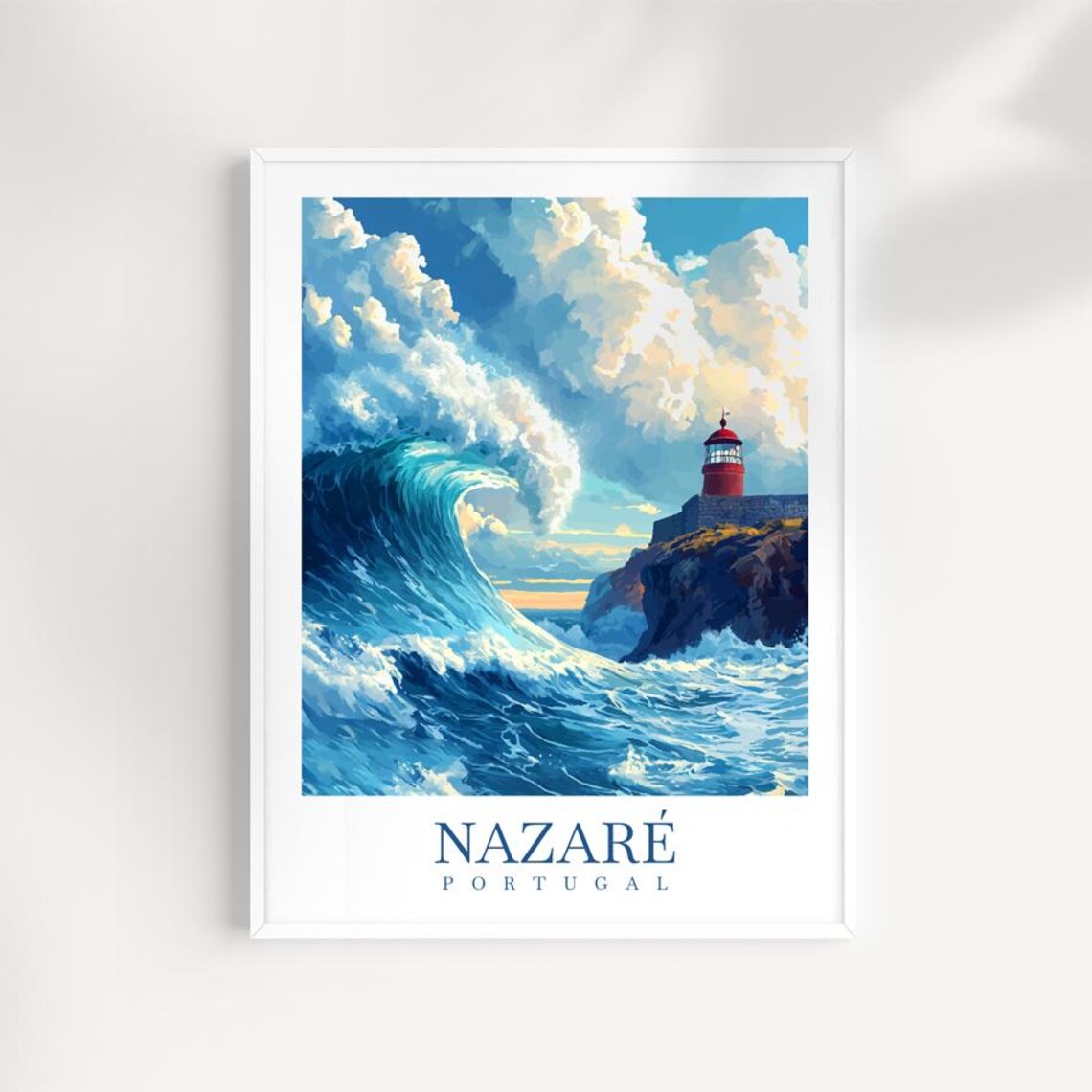 Nazare Portugal Giant Big Wave Lighthouse Surf Travel Poster