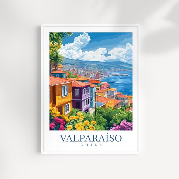 Valparaiso Chile Colorful Hillside Houses Illustrated Travel Poster