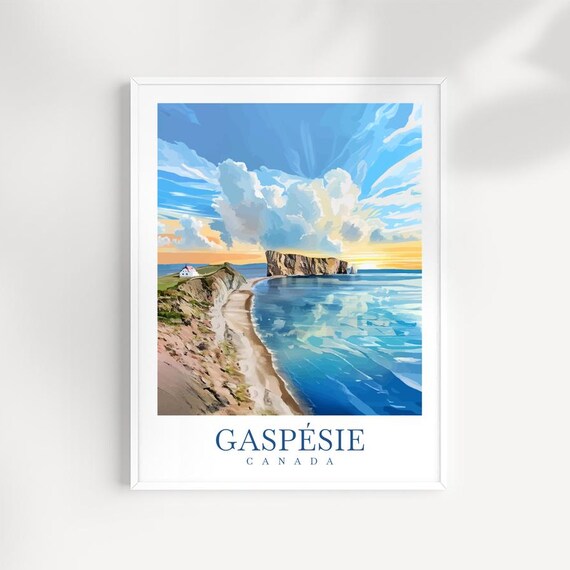 Gaspesie Canada Coastal Cliffs Lighthouse Sunset Seascape Travel Poster