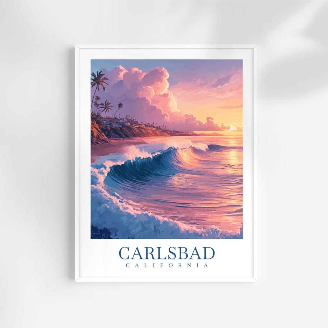 Carlsbad California Pink Sunset Surf Wave Illustrated Poster