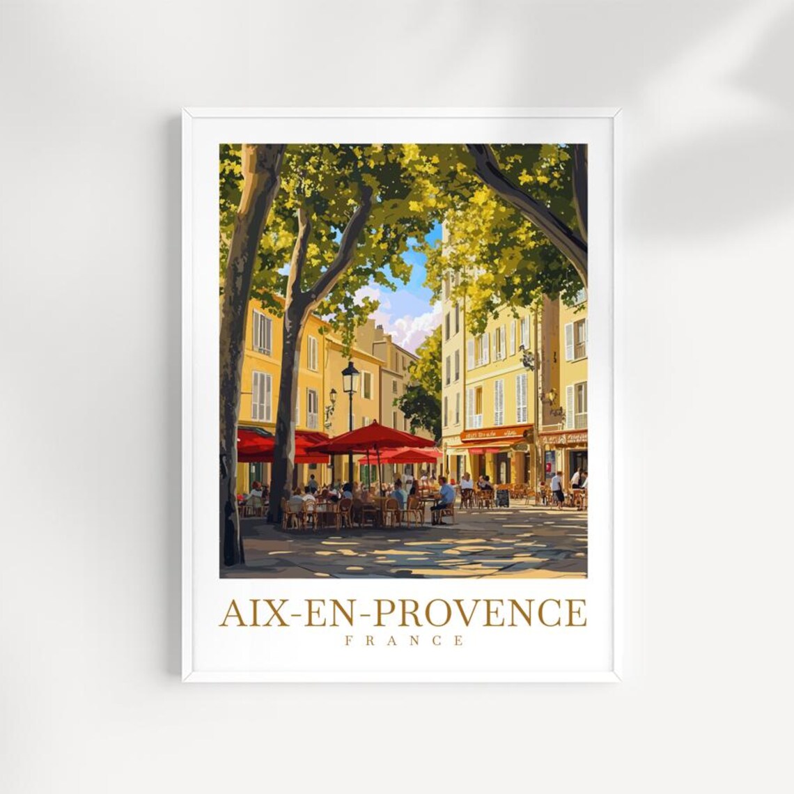Aix-en-Provence France Sunlit Plaza Cafes Illustrated Travel Poster