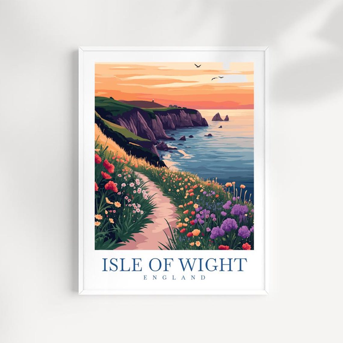 Isle Of Wight England Sunset Cliffs Floral Path Travel Poster
